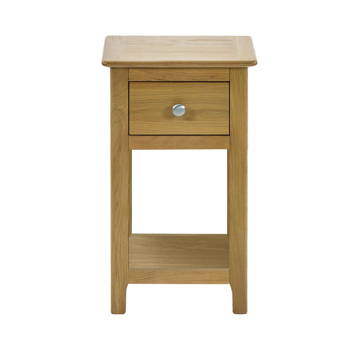 Front view of light oak bedside table with single drawer and open shelf below, silver drawer knob