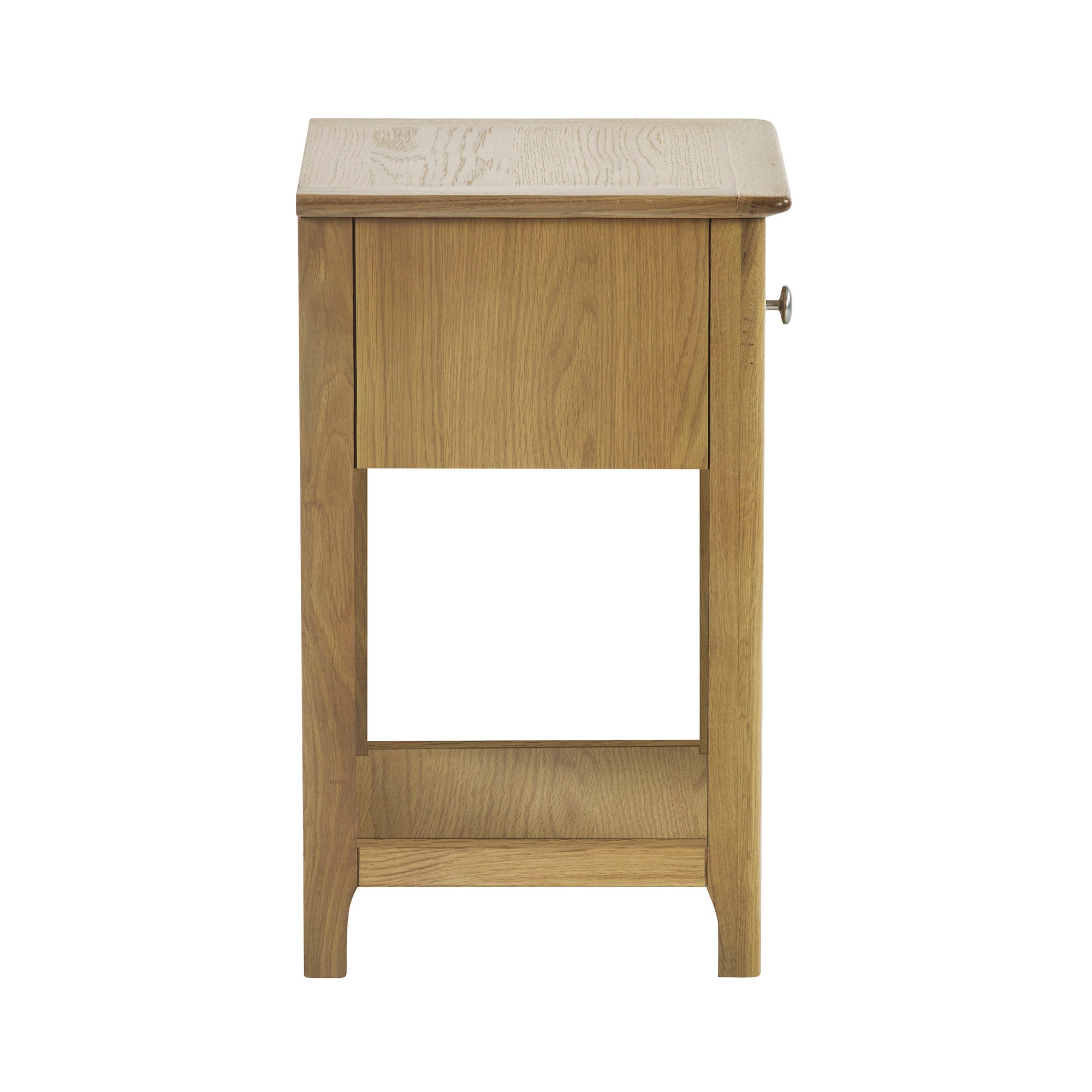 Back view of light oak bedside table, showing solid wood back panel and tapered legs
