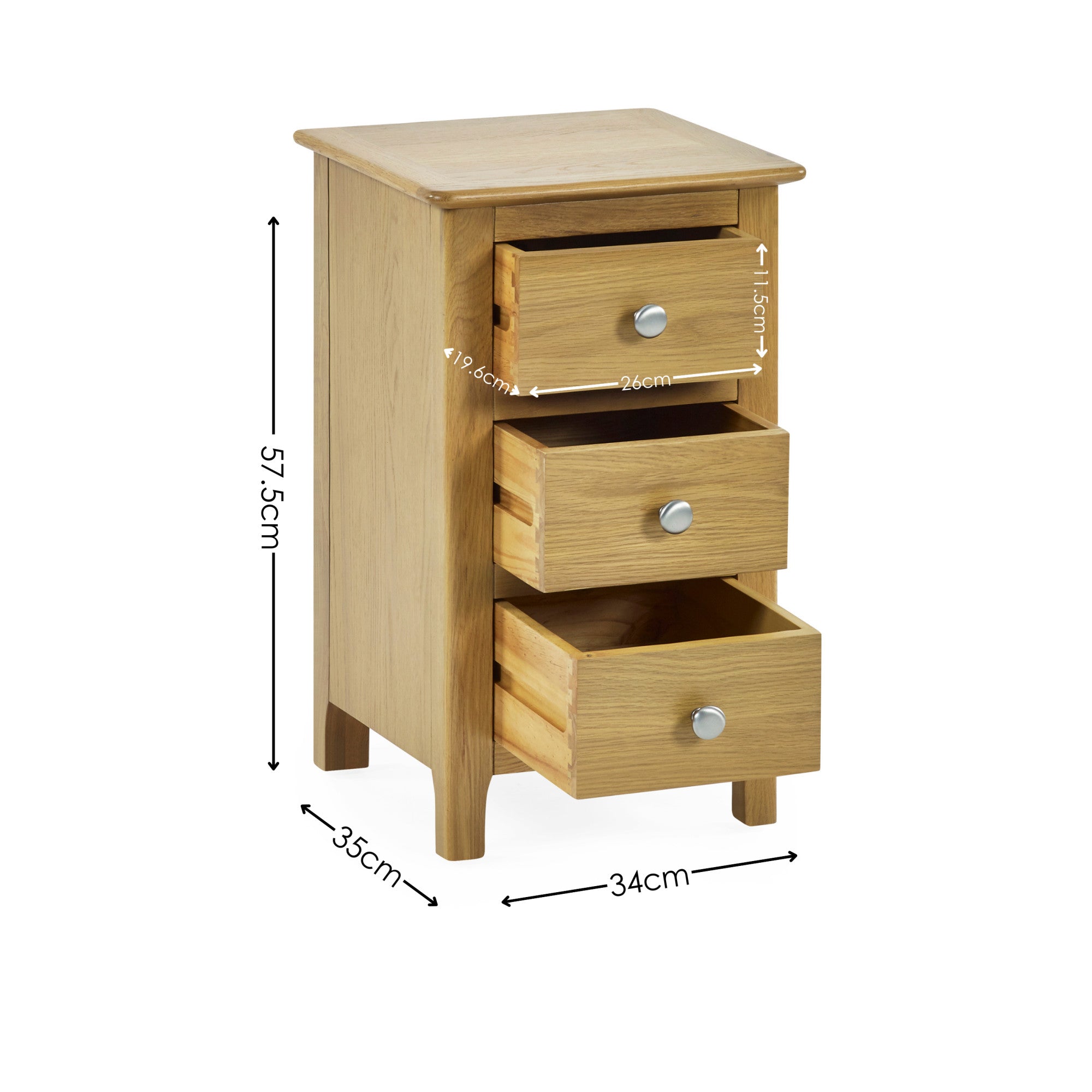 Light oak bedside table with three open drawers showing dimensions against white background