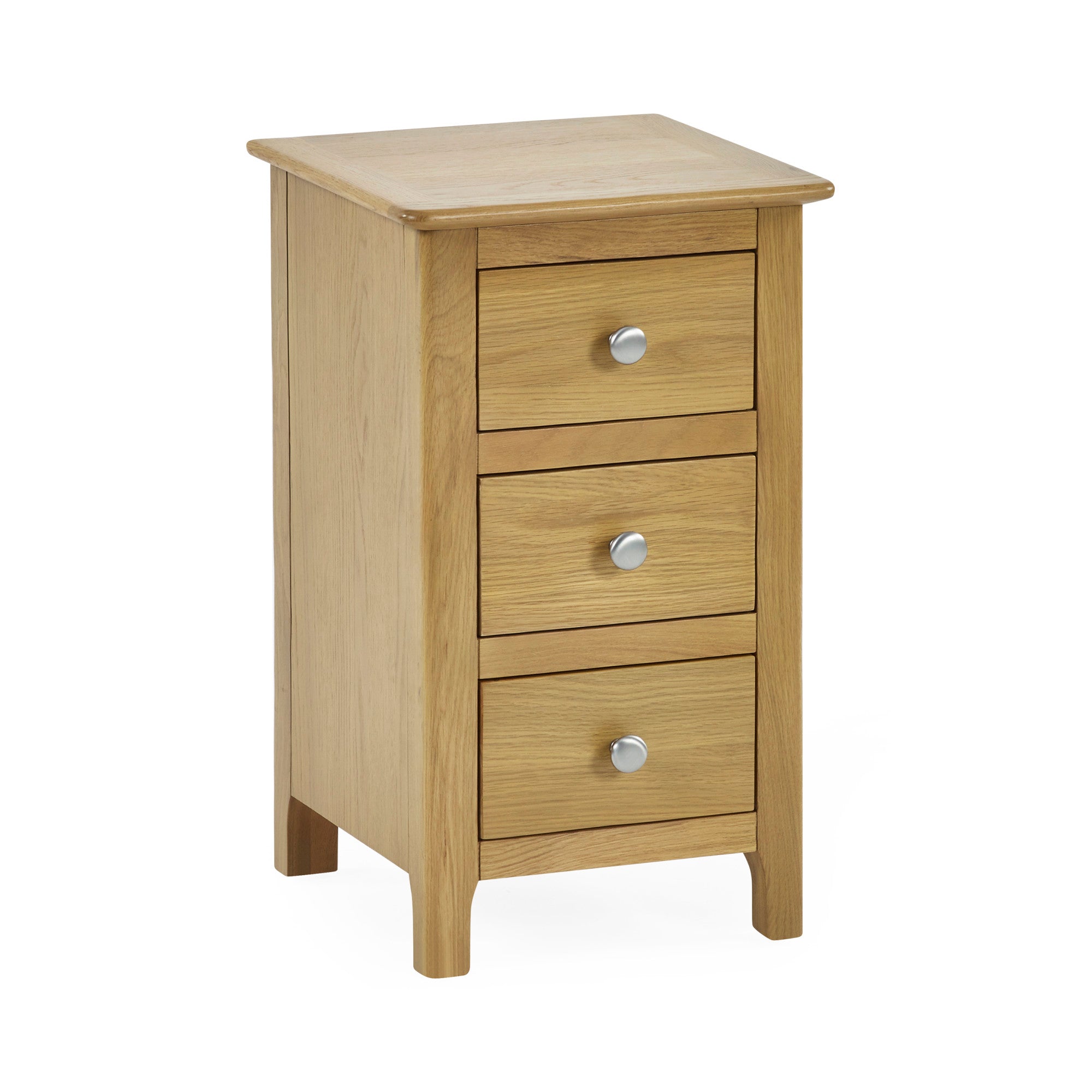 Light oak 3 drawer bedside table photographed from a slight front angle on white background