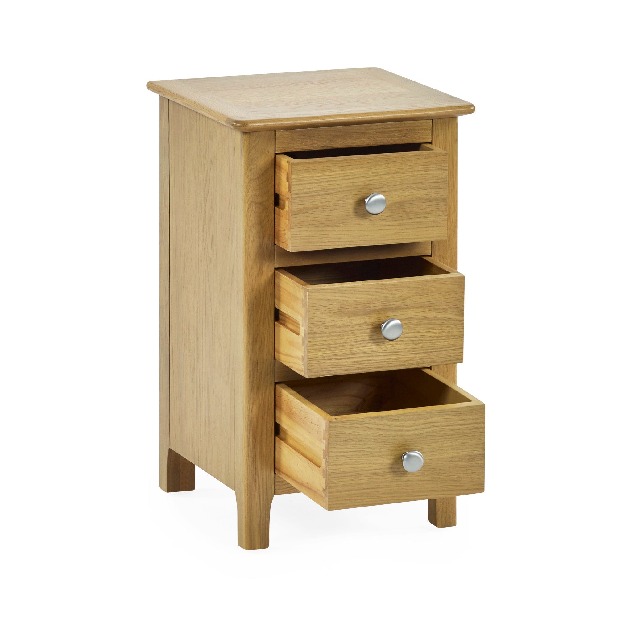 Side view of closed light oak 3 drawer bedside table showing wood grain detail