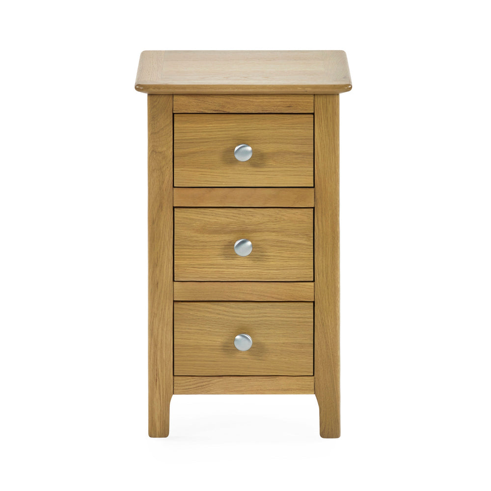 Light oak bedside table with all three drawers fully open showing interior wood finish