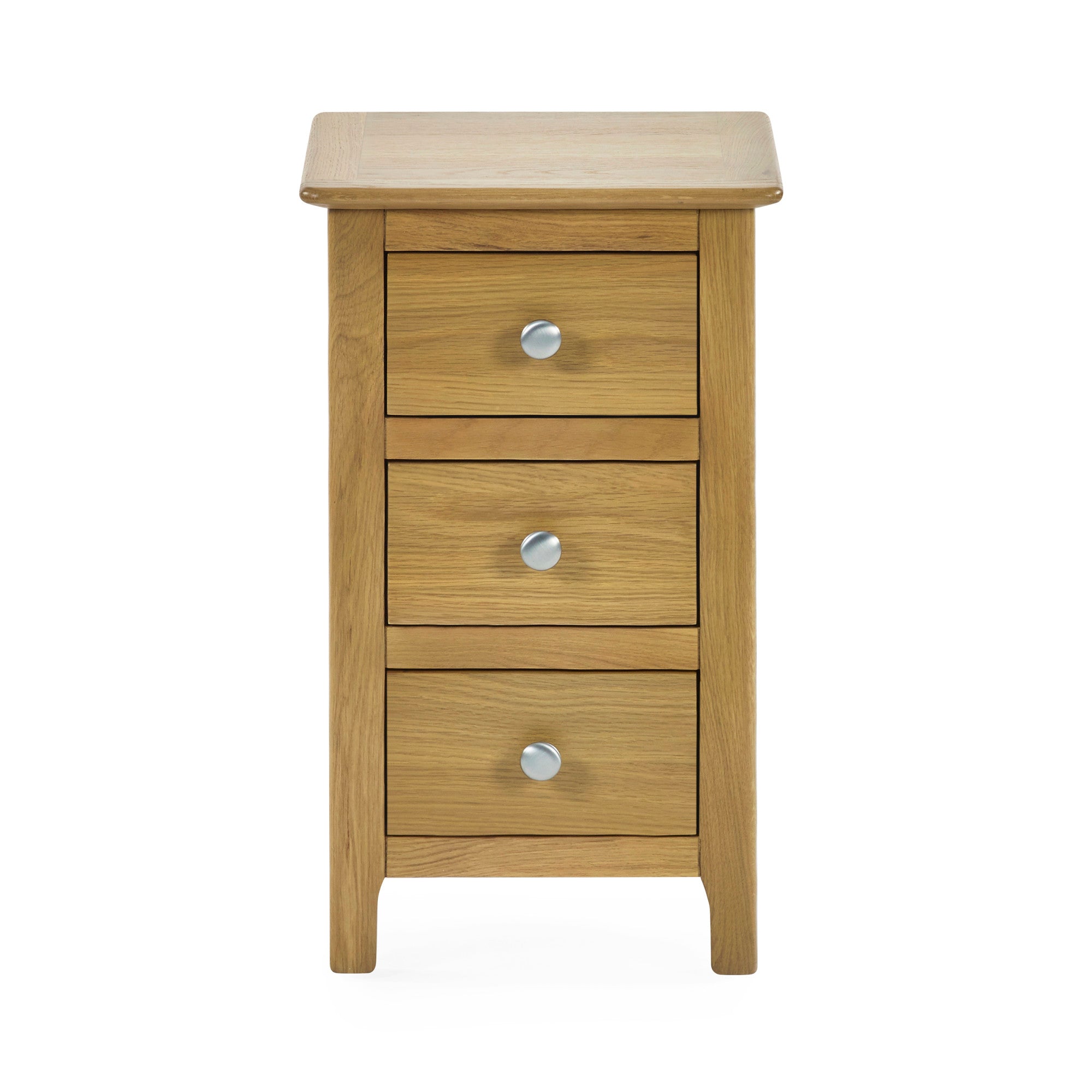 Light oak bedside table with all three drawers fully open showing interior wood finish