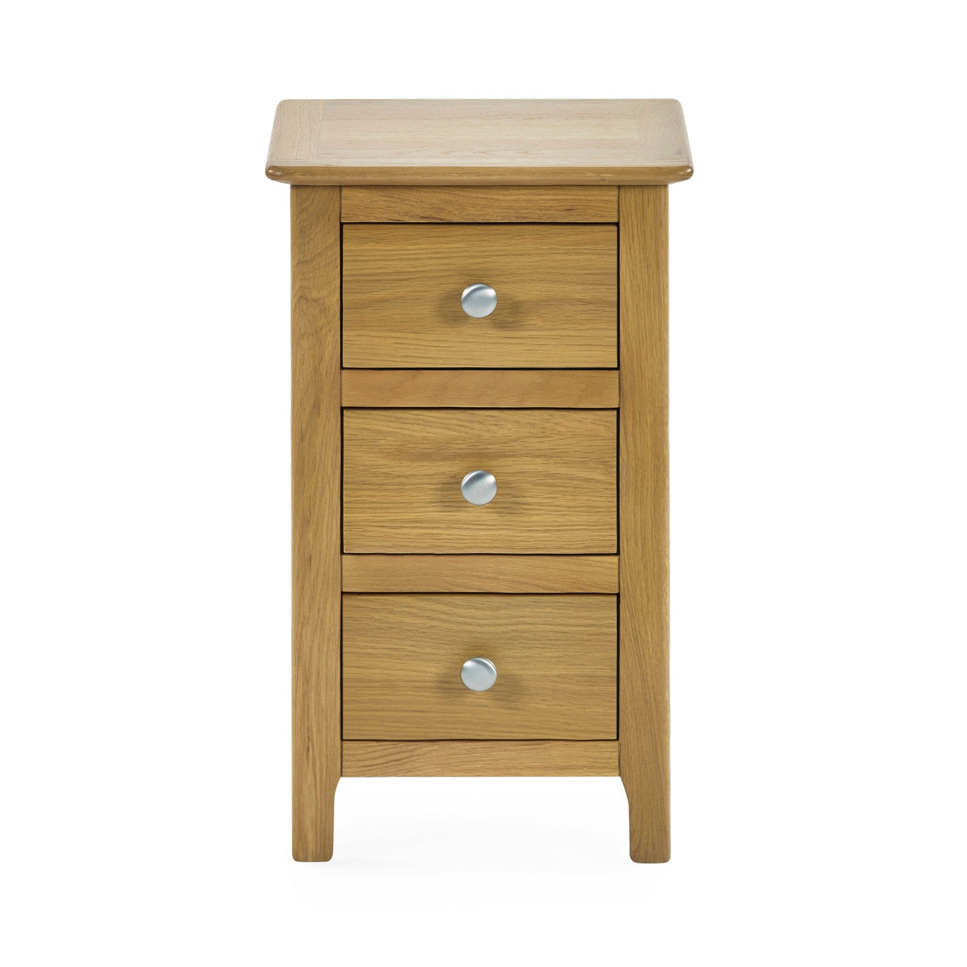 Light oak bedside table with all three drawers fully open showing interior wood finish