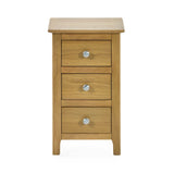 Light oak bedside table with all three drawers fully open showing interior wood finish