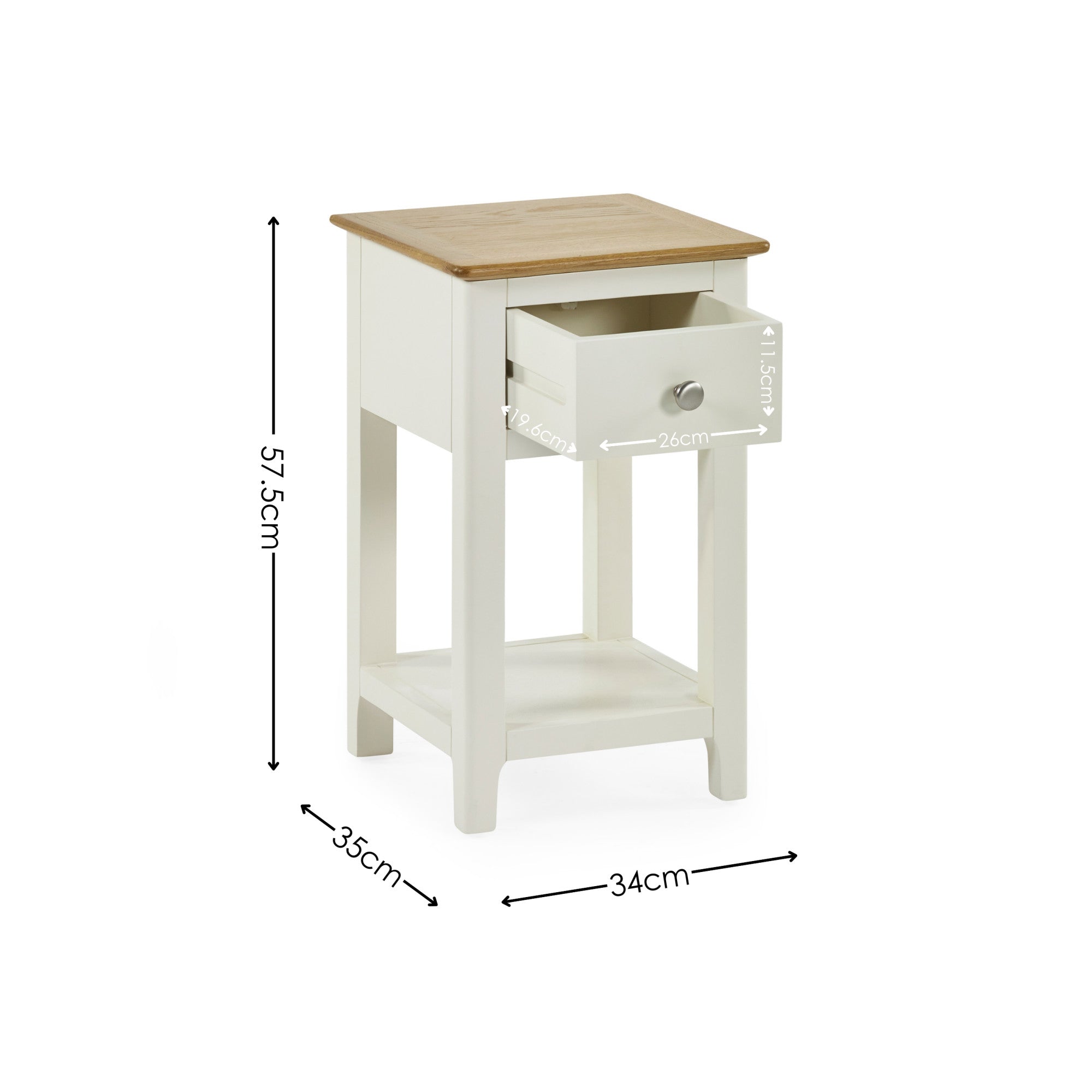 Dimensional illustration of bedside table with open drawer showing measurements