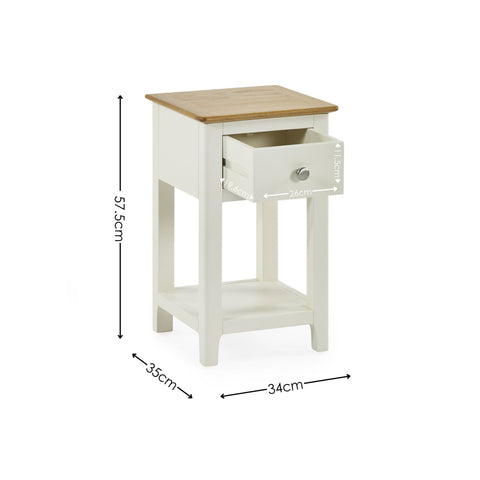 Dimensional illustration of bedside table with open drawer showing measurements