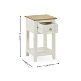 Dimensional illustration of bedside table with open drawer showing measurements