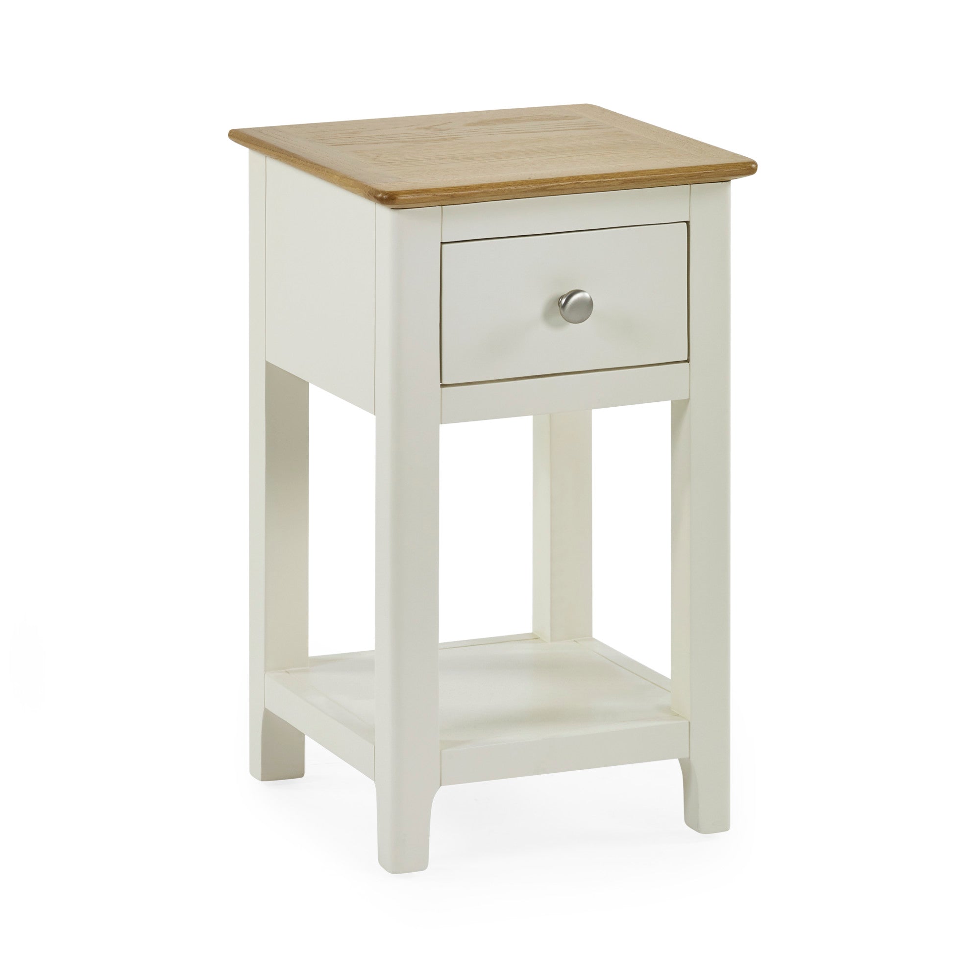 Cream painted bedside table with oak top on white background, drawer closed, angled front view