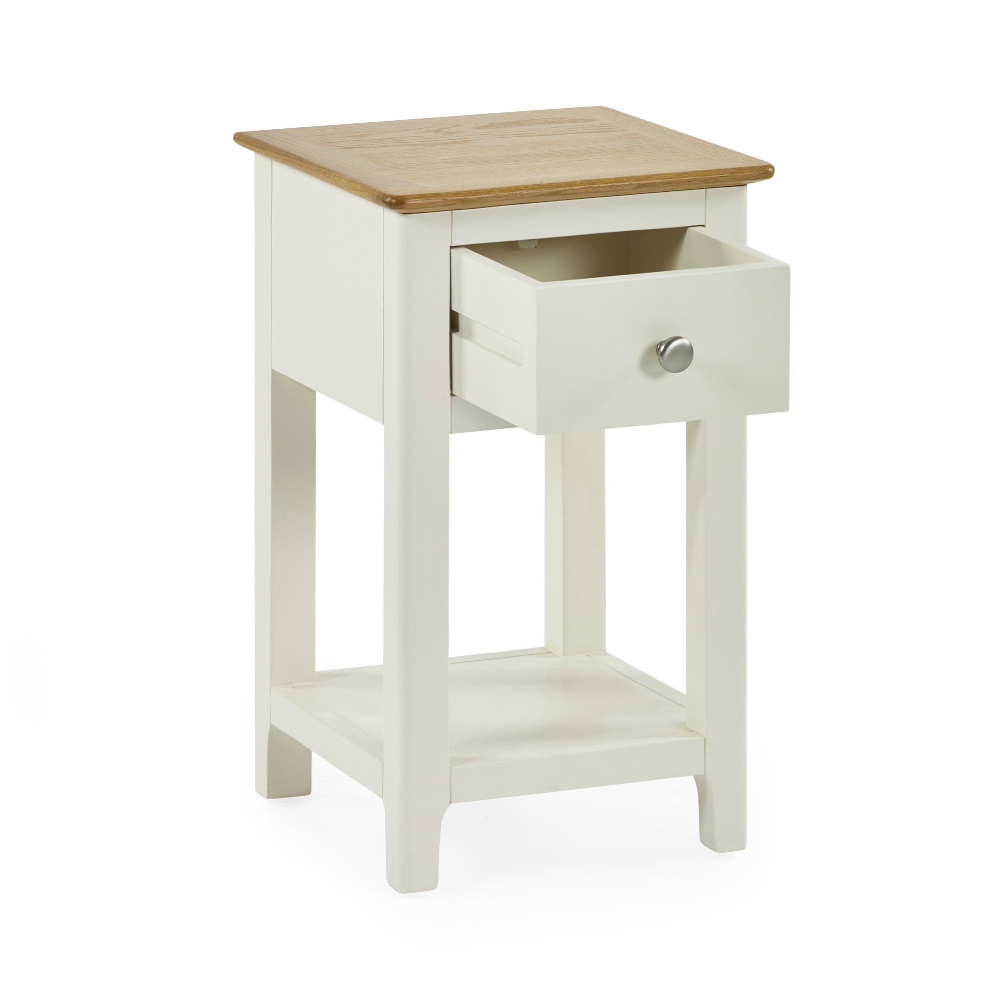 Cream painted bedside table with oak top and open drawer on white background, angled front view