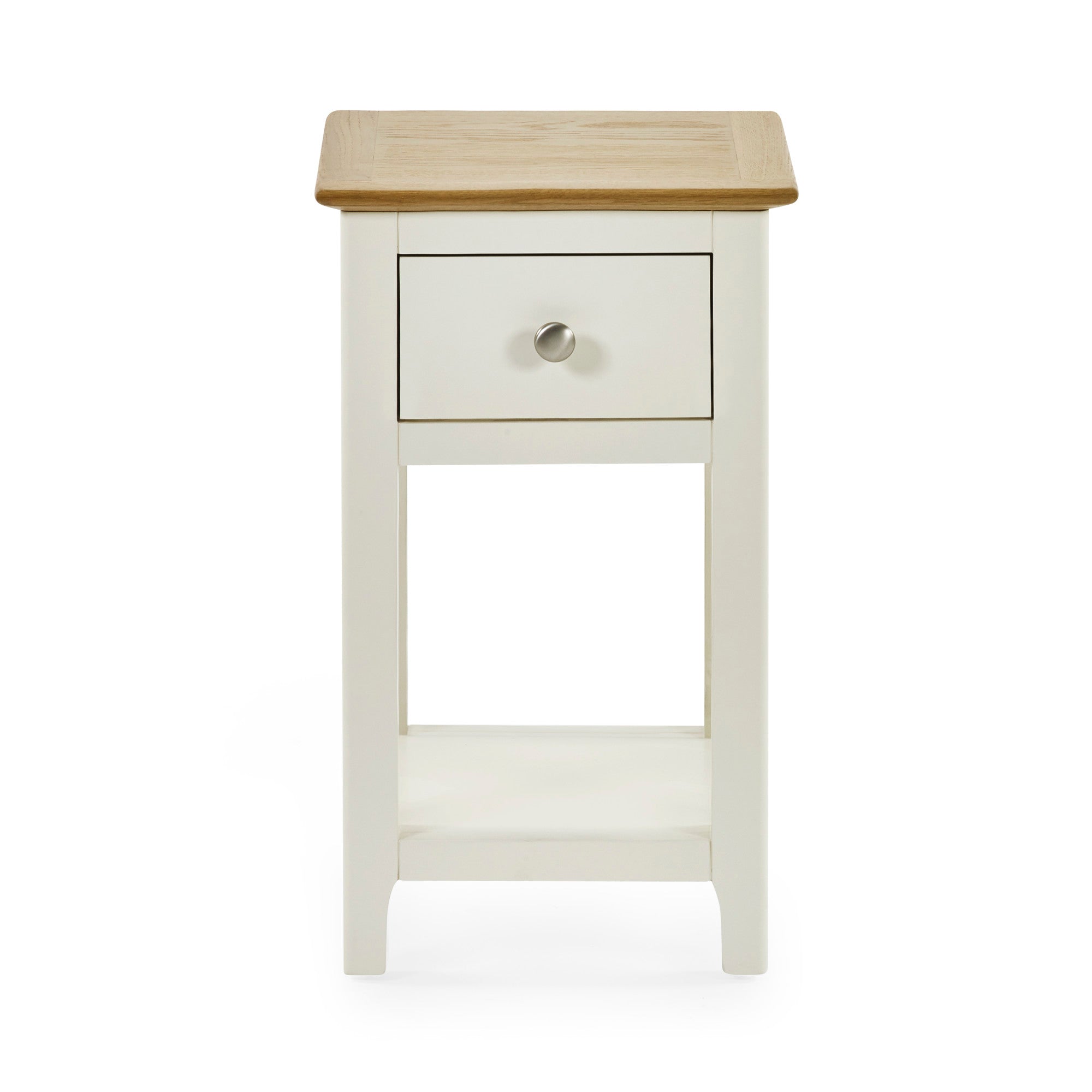 Front view of cream painted bedside table with oak top and closed drawer on white background