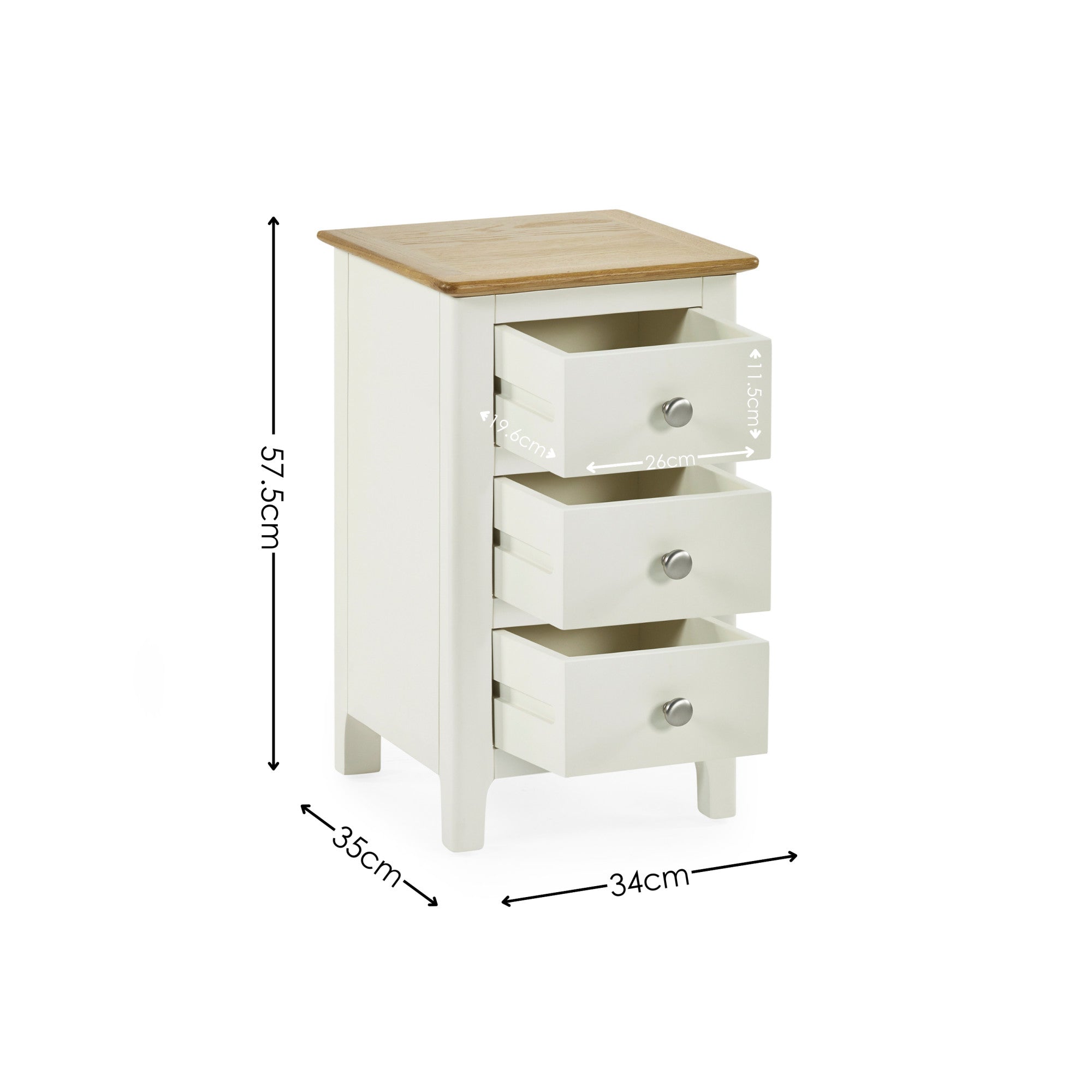 Beige 3 drawer bedside with drawers open, showing inside dimensions, on white background