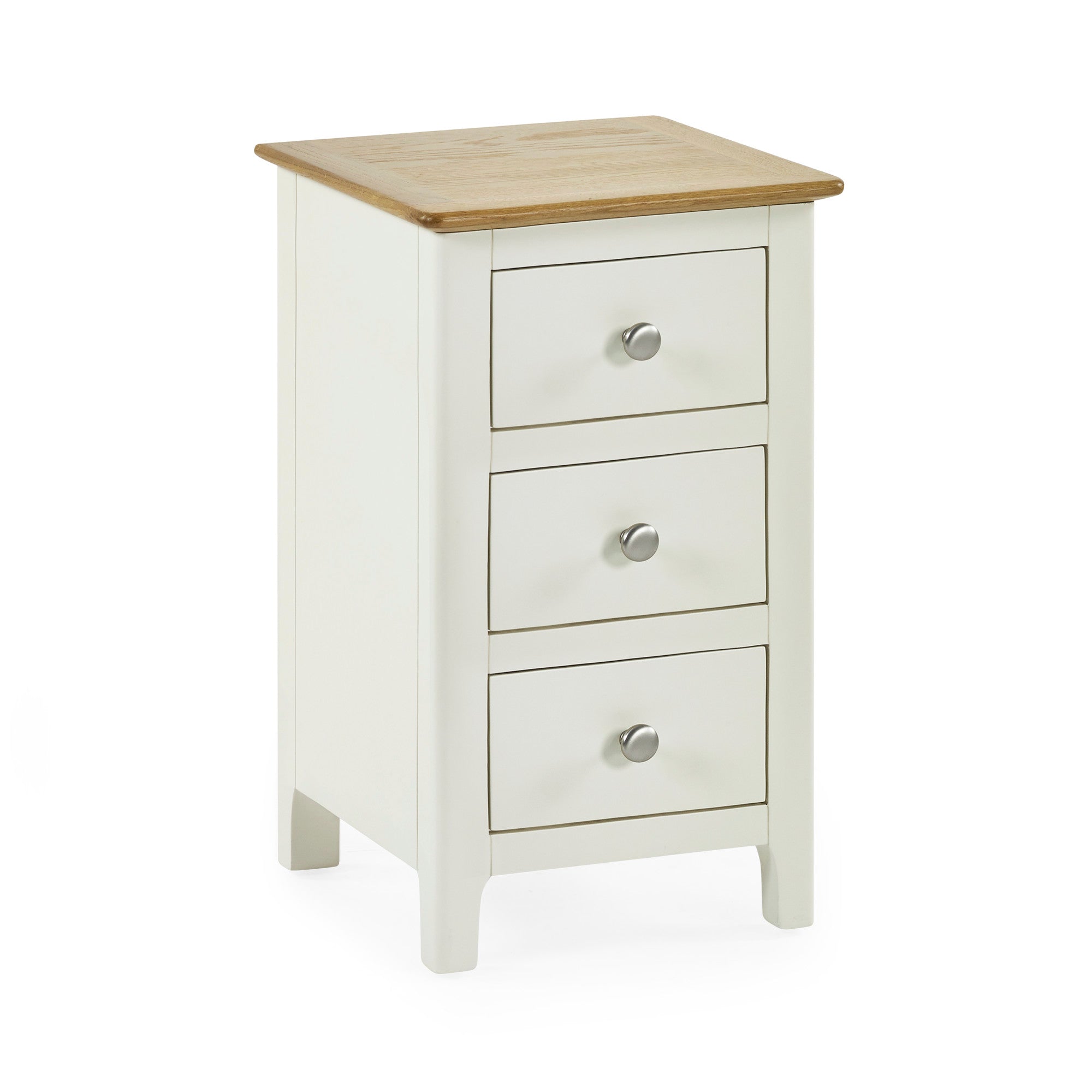 Cream colored 3 drawer bedside with oak top frontal view on white background