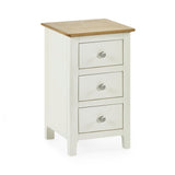Cream colored 3 drawer bedside with oak top frontal view on white background