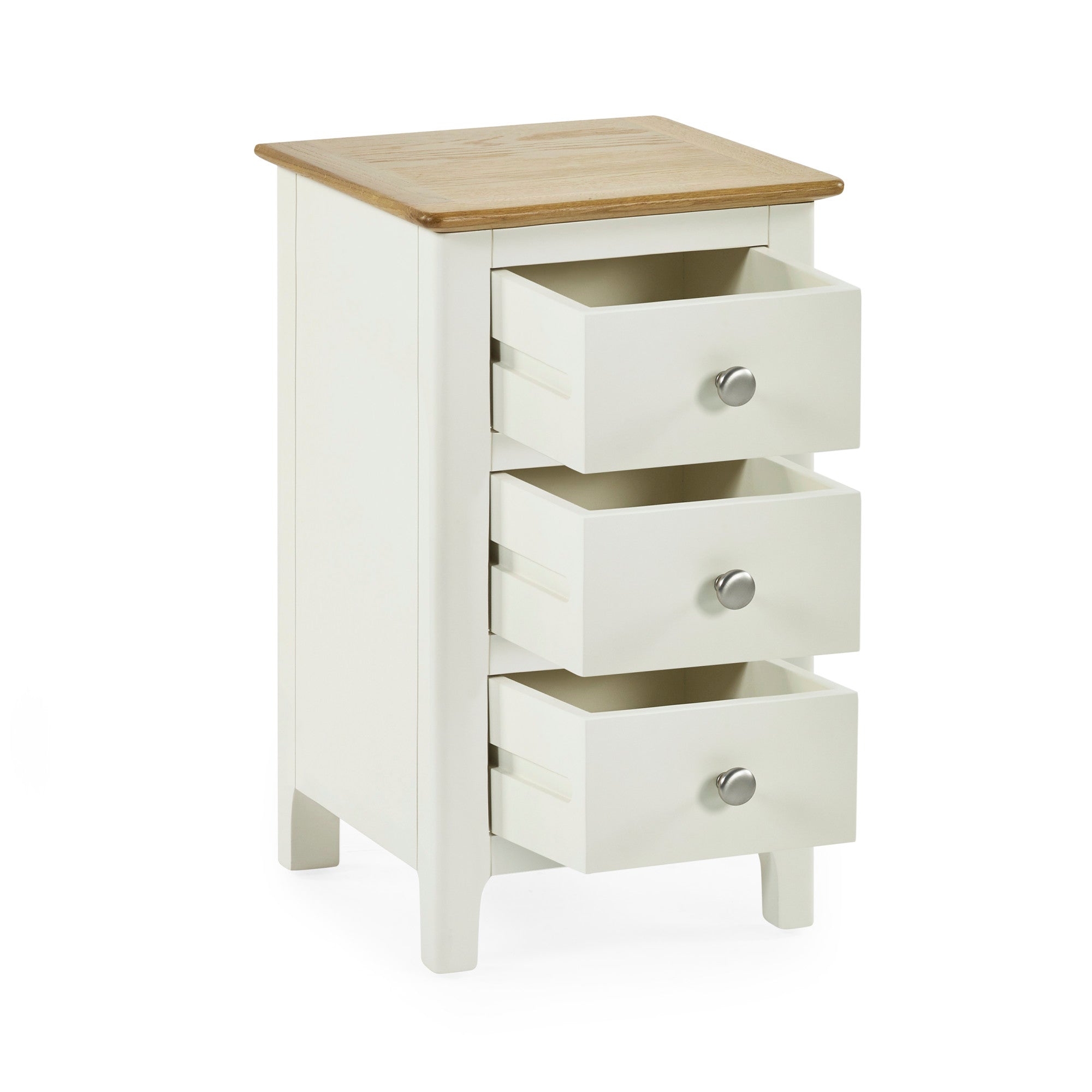 Cream colored 3 drawer bedside with oak top side view with all drawers partially open against white background