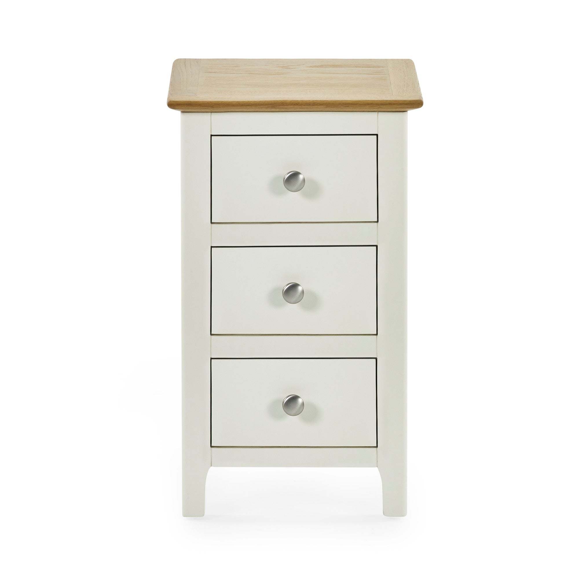 Cream colored 3 drawer bedside with oak top front view against white background, showing metal knobs