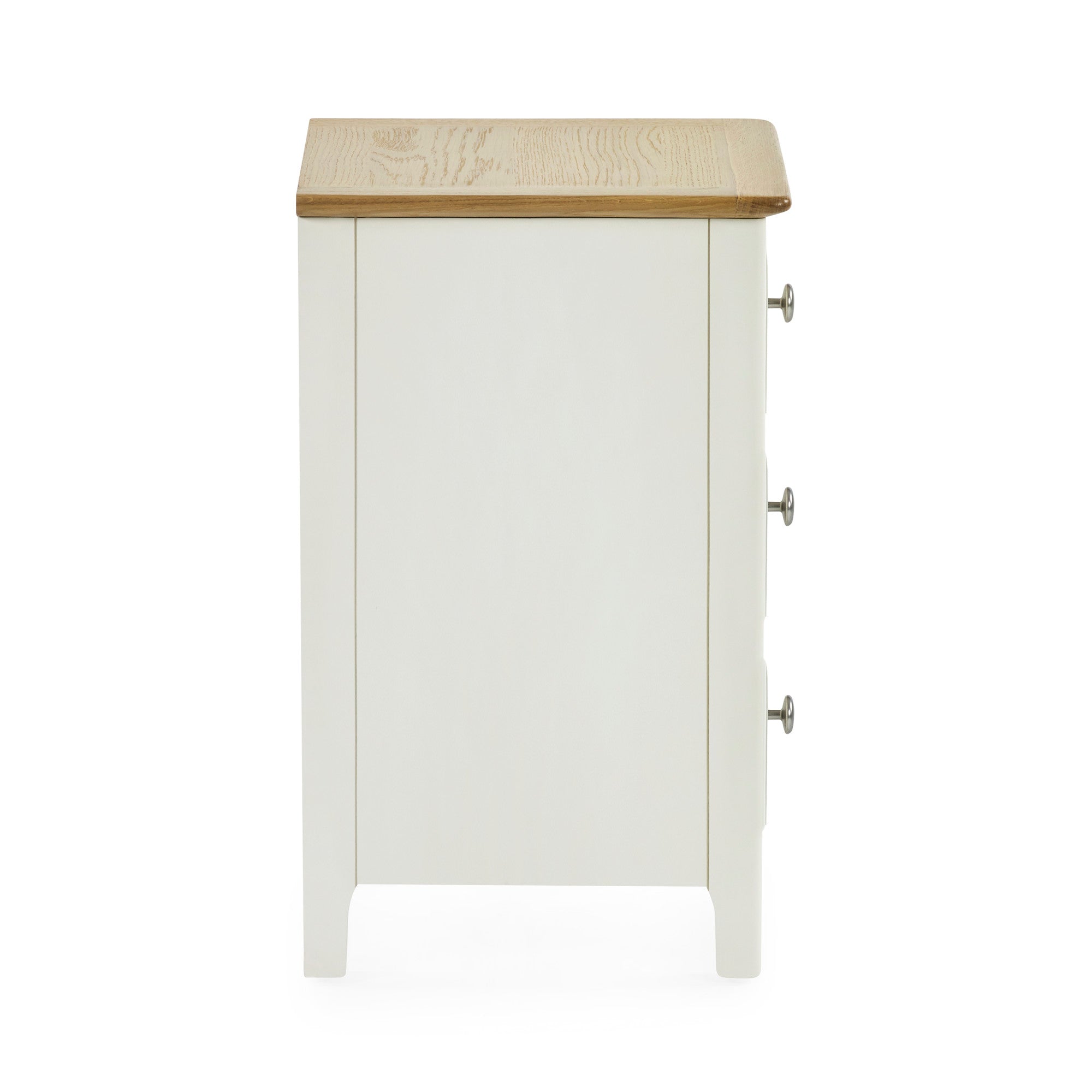 Cream colored 3 drawer bedside with oak top side view against white background