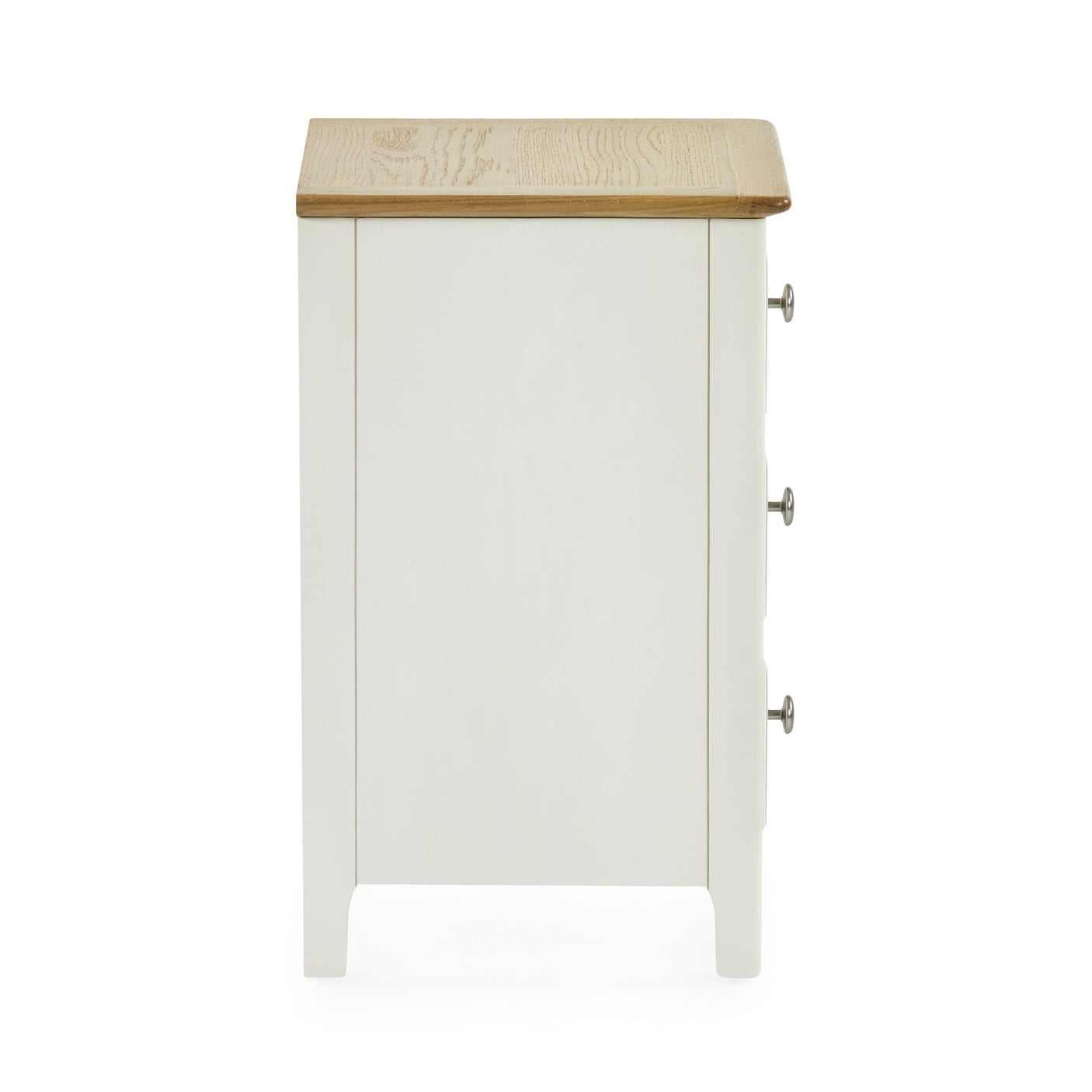 Cream colored 3 drawer bedside with oak top side view against white background