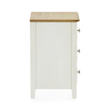 Cream colored 3 drawer bedside with oak top side view against white background