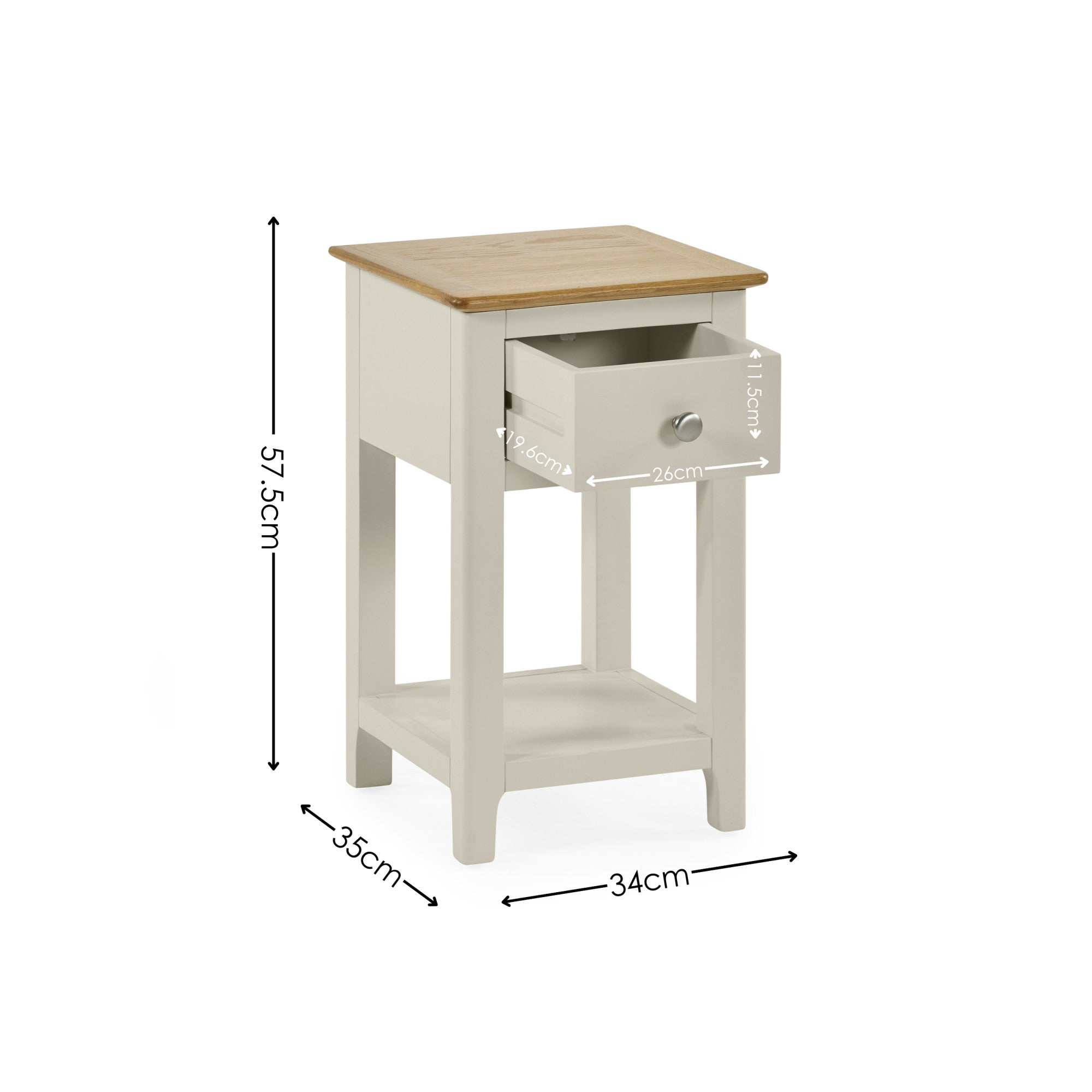 Small bedside table with dimensions shown: 57.5cm tall, 34cm wide, 35cm deep, drawer size annotated.