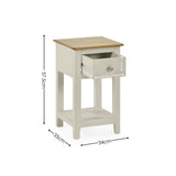 Small bedside table with dimensions shown: 57.5cm tall, 34cm wide, 35cm deep, drawer size annotated.