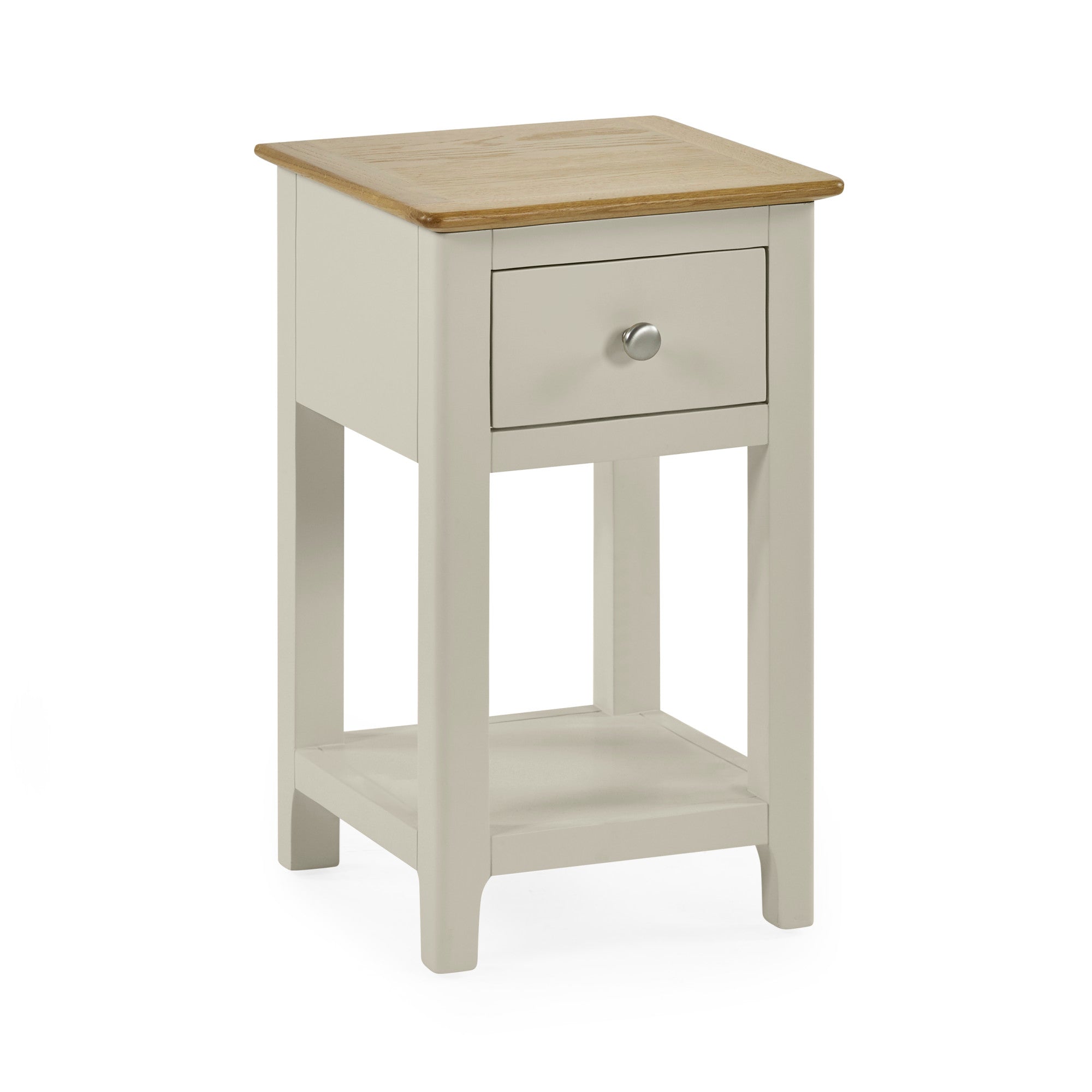 Freestanding cream painted bedside table with oak top and single drawer isolated on white