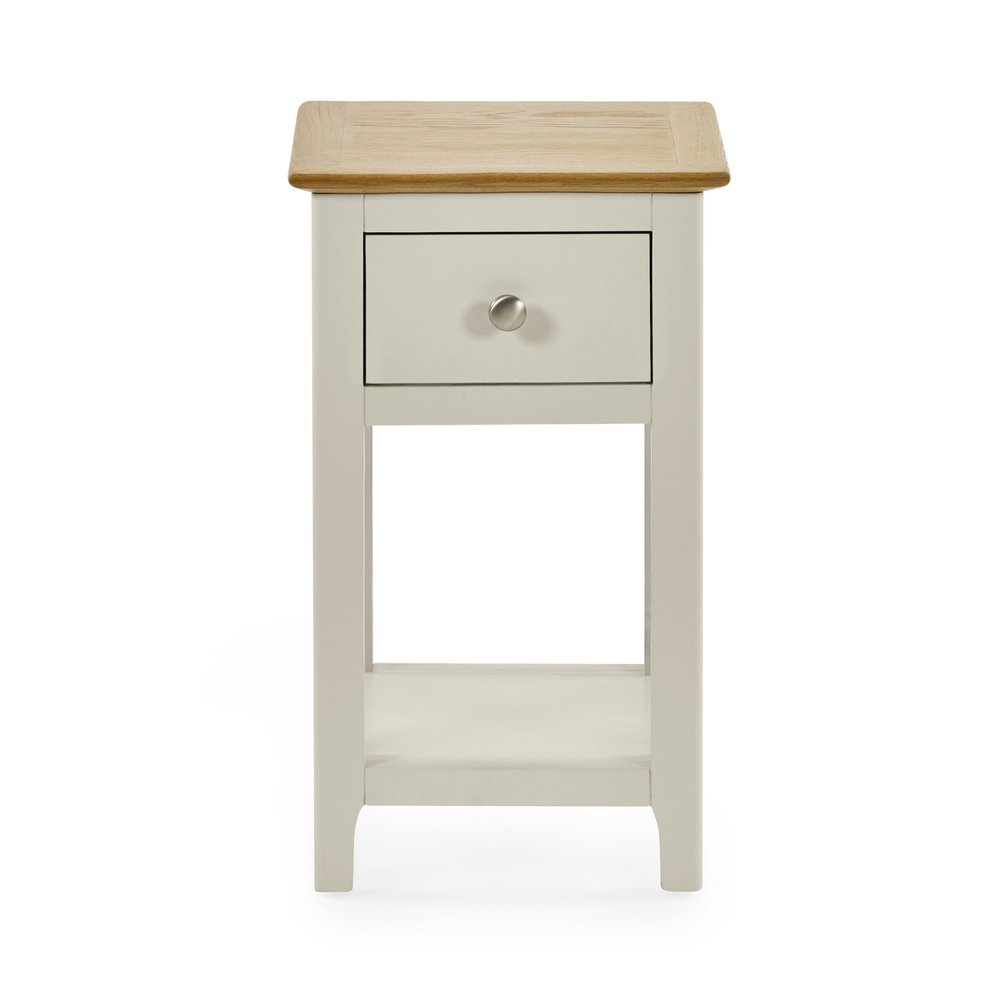 Front view of cream painted bedside table with oak top, drawer and bottom shelf isolated on white