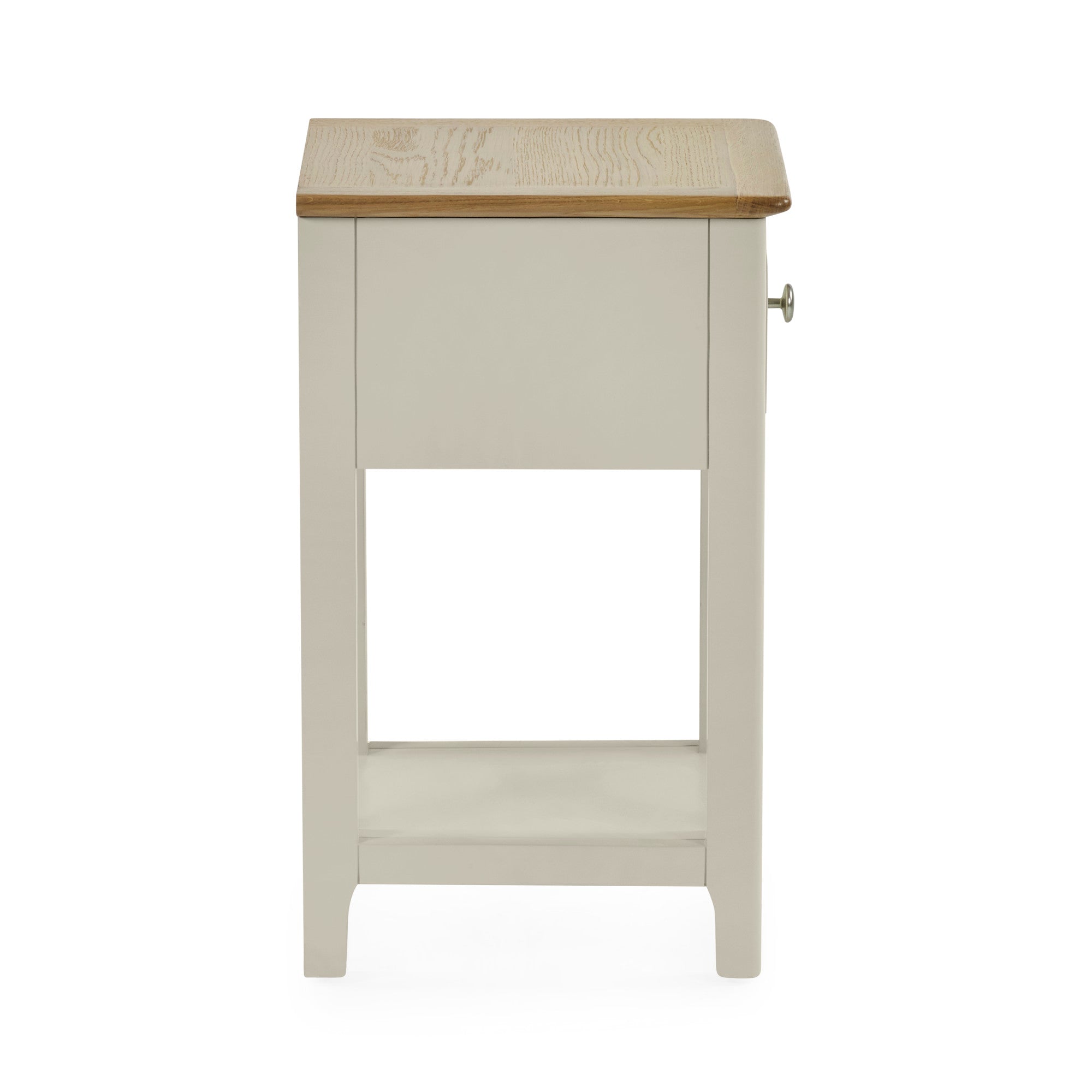 Side view of small bedside table with light grey painted base and oak wood top against white background.