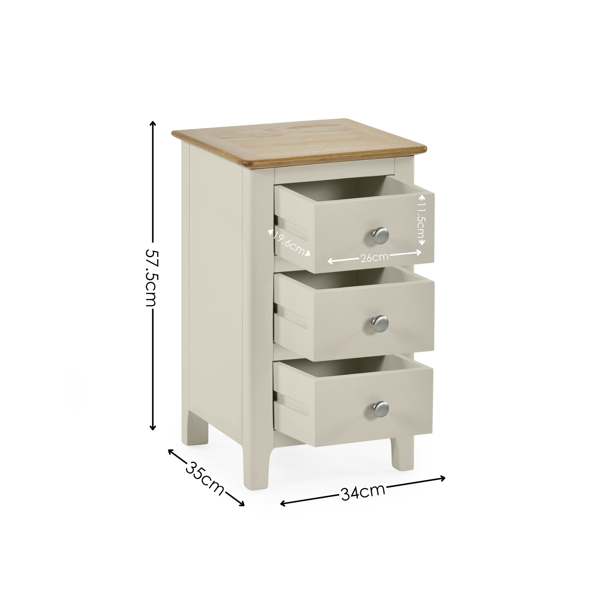 Light grey 3 drawer bedside with dimensions 57.5cm height, 34cm width, 35cm depth with drawer sizes shown