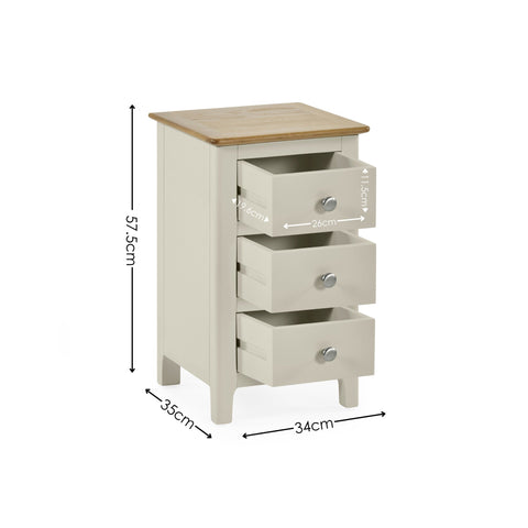 Light grey 3 drawer bedside with dimensions 57.5cm height, 34cm width, 35cm depth with drawer sizes shown