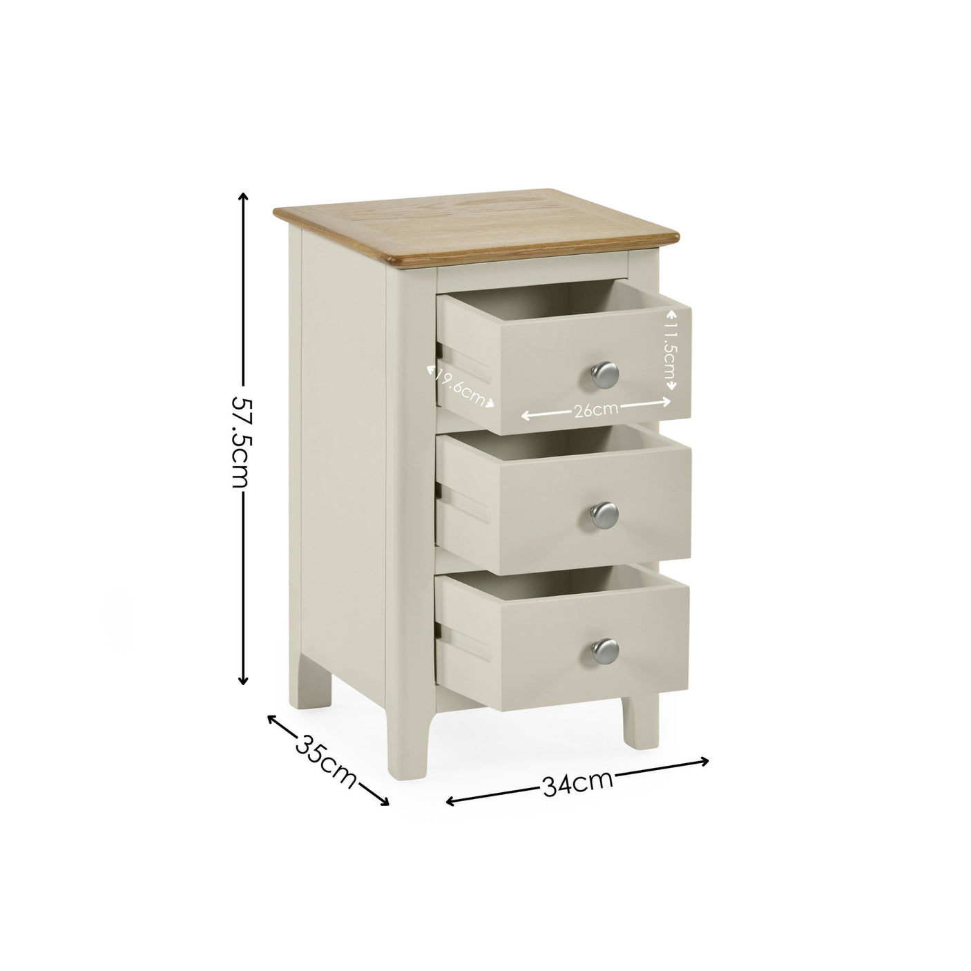 Light grey 3 drawer bedside with dimensions 57.5cm height, 34cm width, 35cm depth with drawer sizes shown