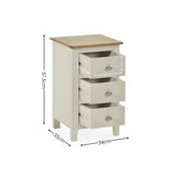 Light grey 3 drawer bedside with dimensions 57.5cm height, 34cm width, 35cm depth with drawer sizes shown