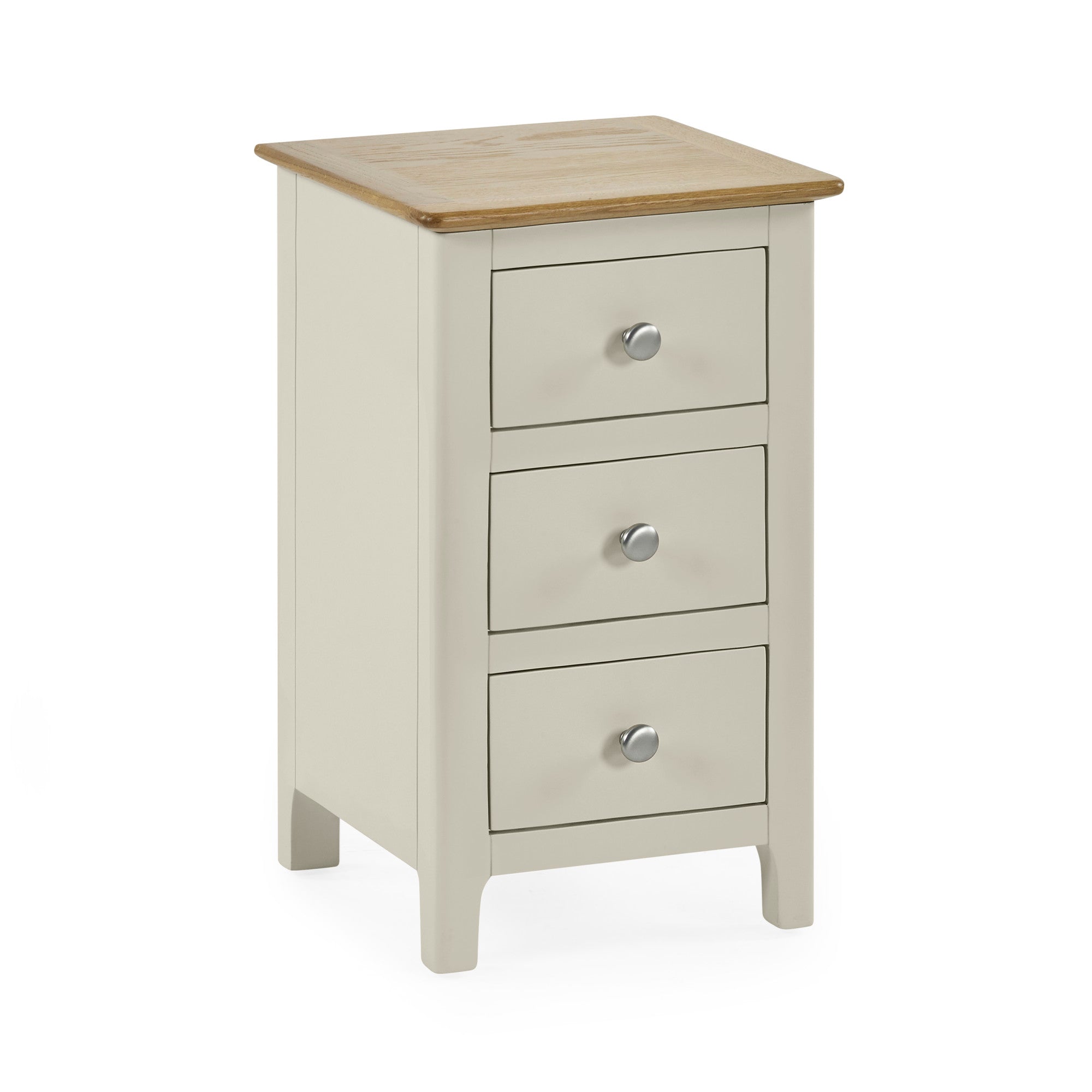 Beige 3 drawer bedside with natural oak top, rounded edges, and round metal knobs on white background