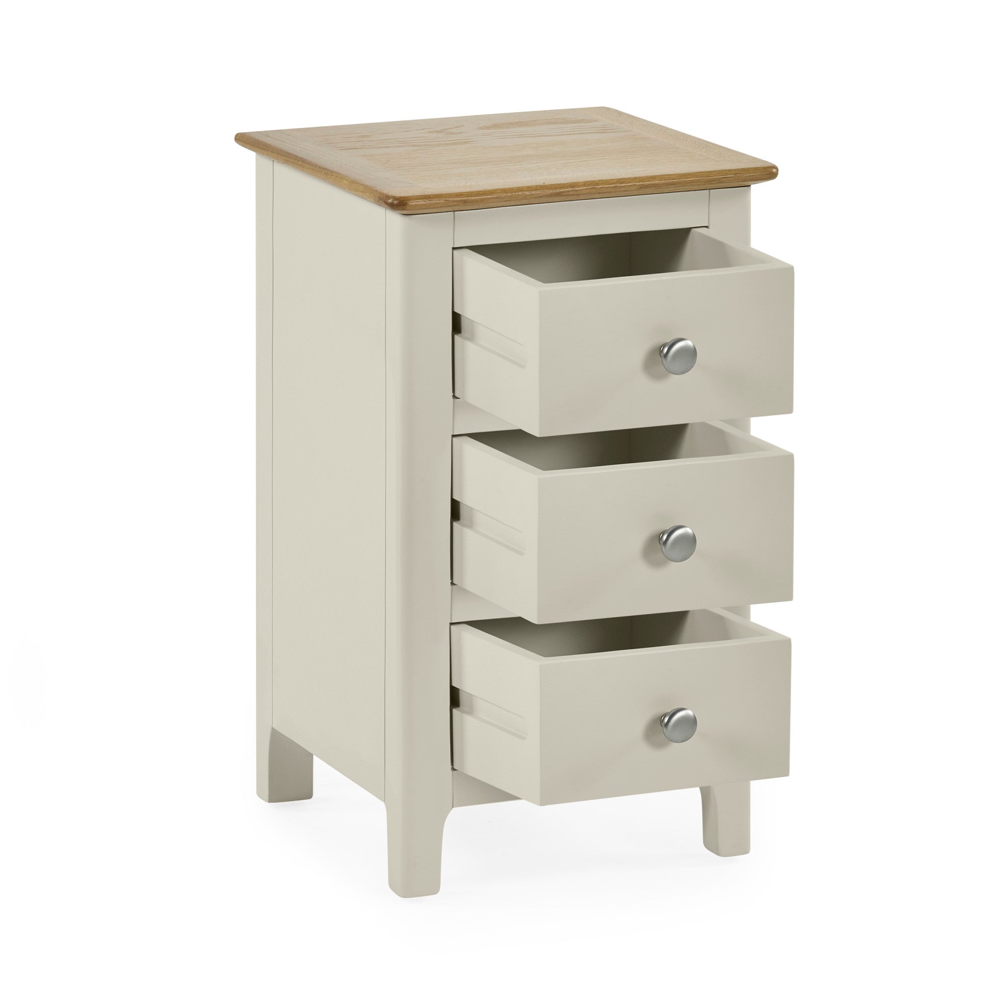 Light grey 3 drawer bedside cabinet with natural wood top and silver round knobs, drawers open front angle