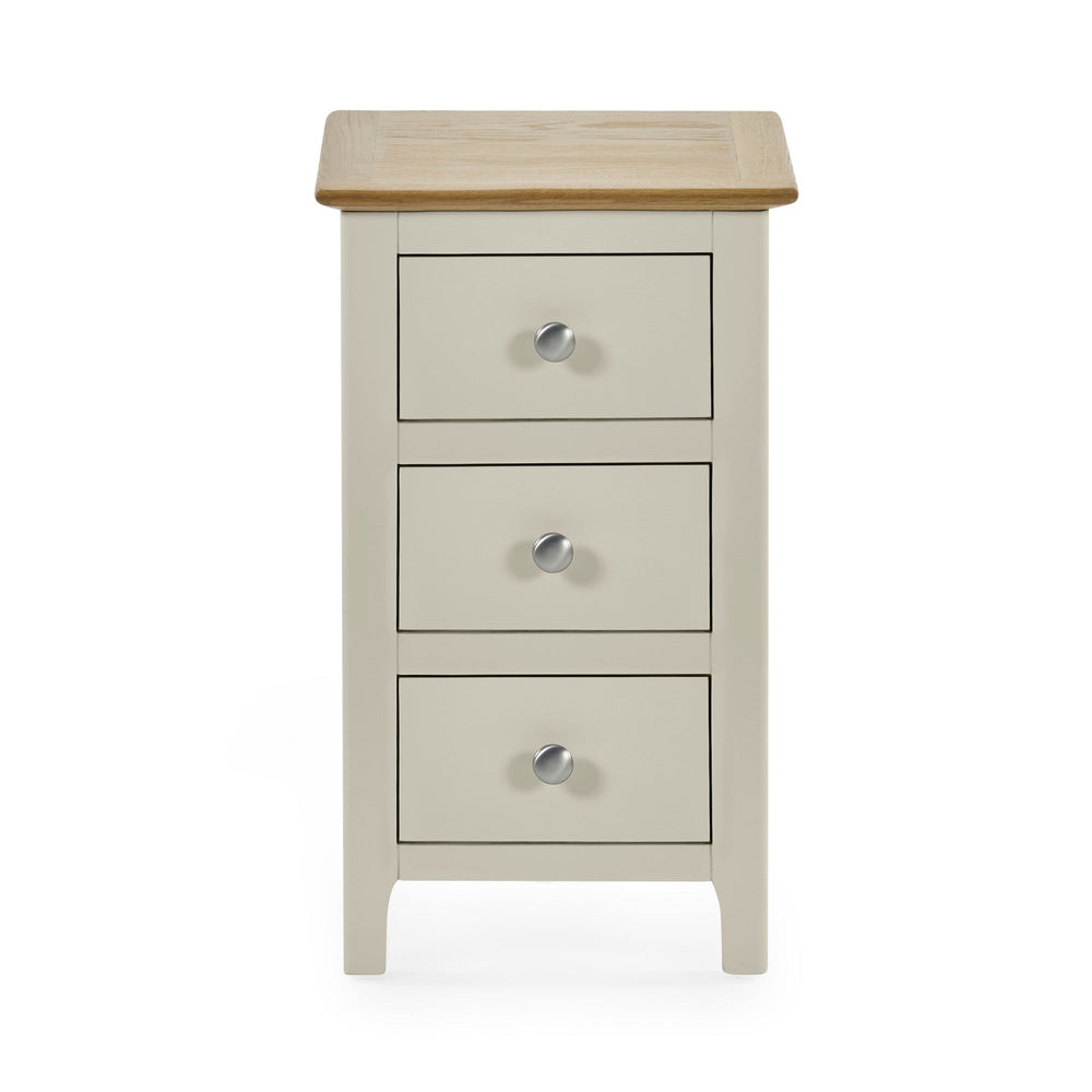 Front view of beige bedside with 3 closed drawers and natural oak top on white background