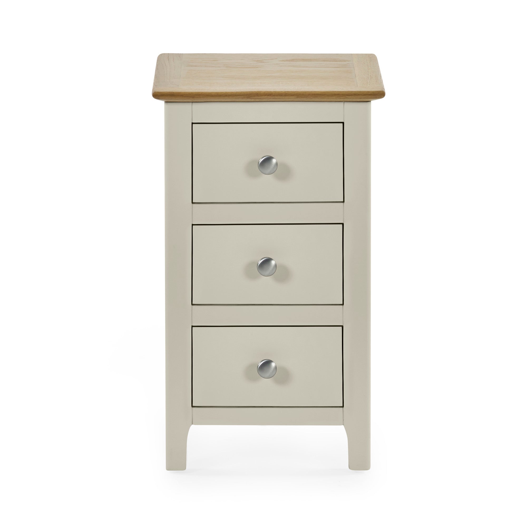 Front view of beige bedside with 3 closed drawers and natural oak top on white background