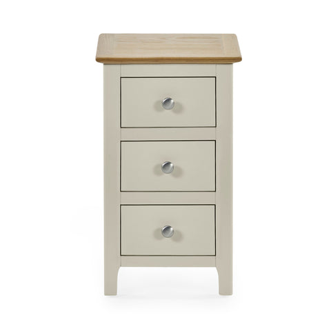 Front view of beige bedside with 3 closed drawers and natural oak top on white background