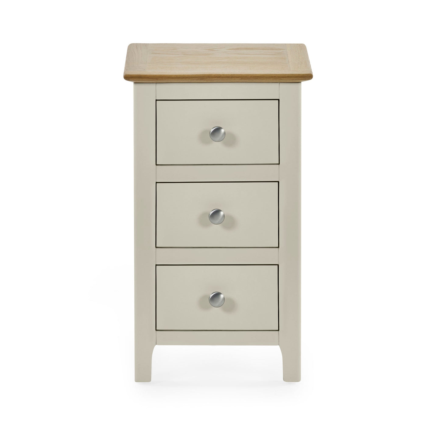 Front view of beige bedside with 3 closed drawers and natural oak top on white background