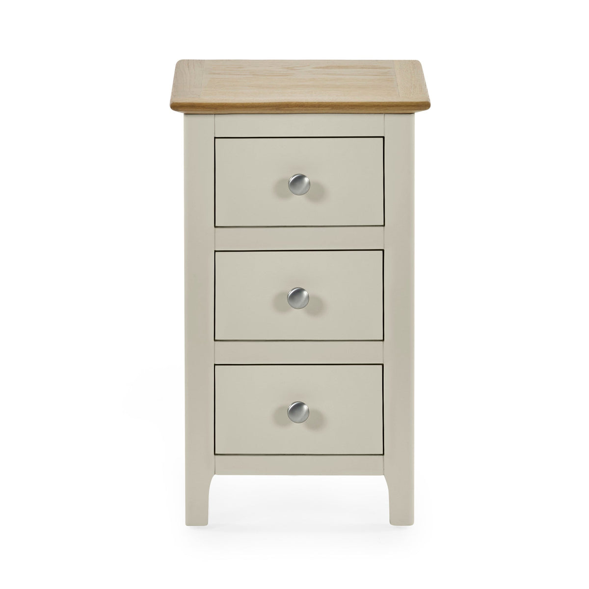 Front view of beige bedside with 3 closed drawers and natural oak top on white background