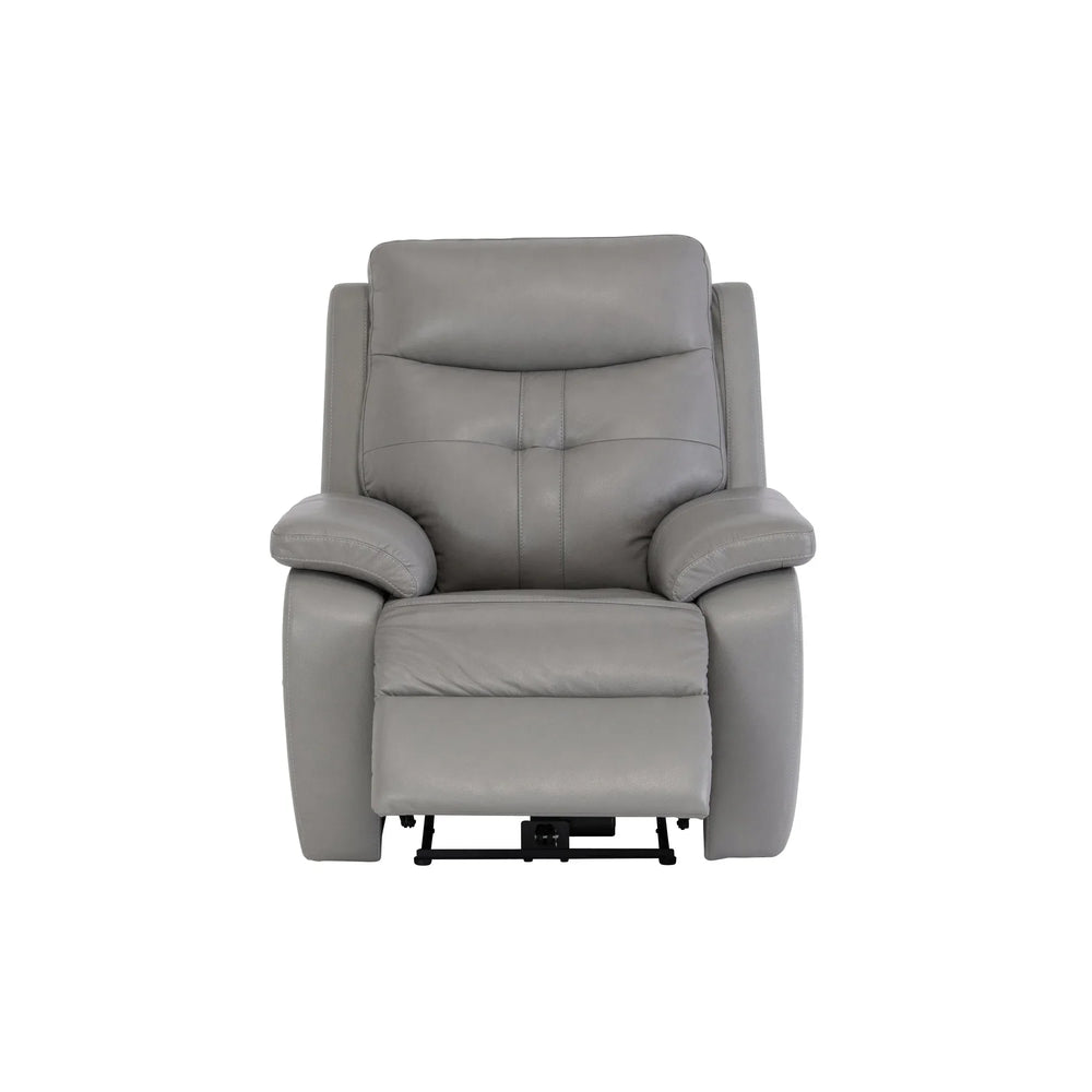 Grey leather recliner chair with padded arms and headrest, front view