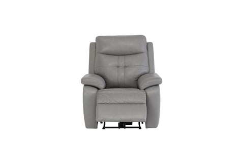 Grey leather recliner chair with padded arms and headrest, front view