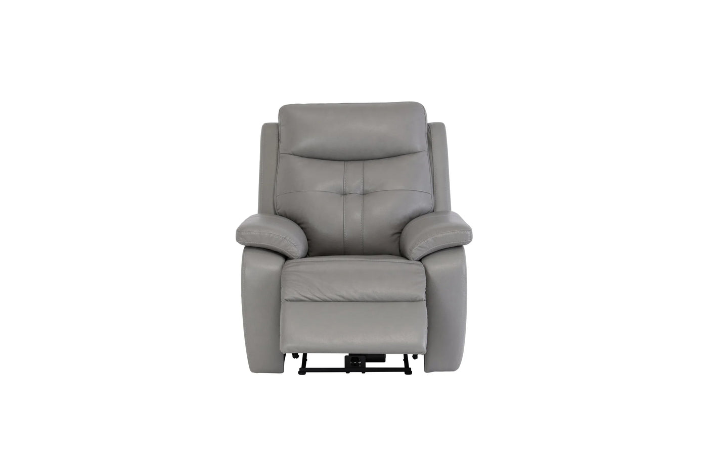 Grey leather recliner chair with padded arms and headrest, front view