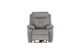 Grey leather recliner chair with padded arms and headrest, front view