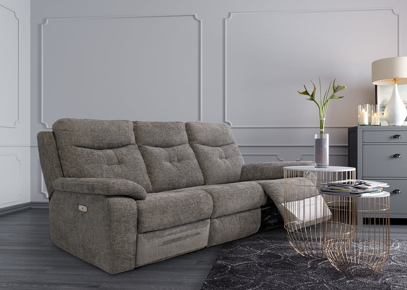 Electric 3-Seater Recliner Sofa in Graphite Fabric - Modern Comfort