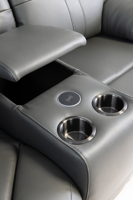 Charcoal Leather Console Table with Cup Holders & Hands-Free Charging