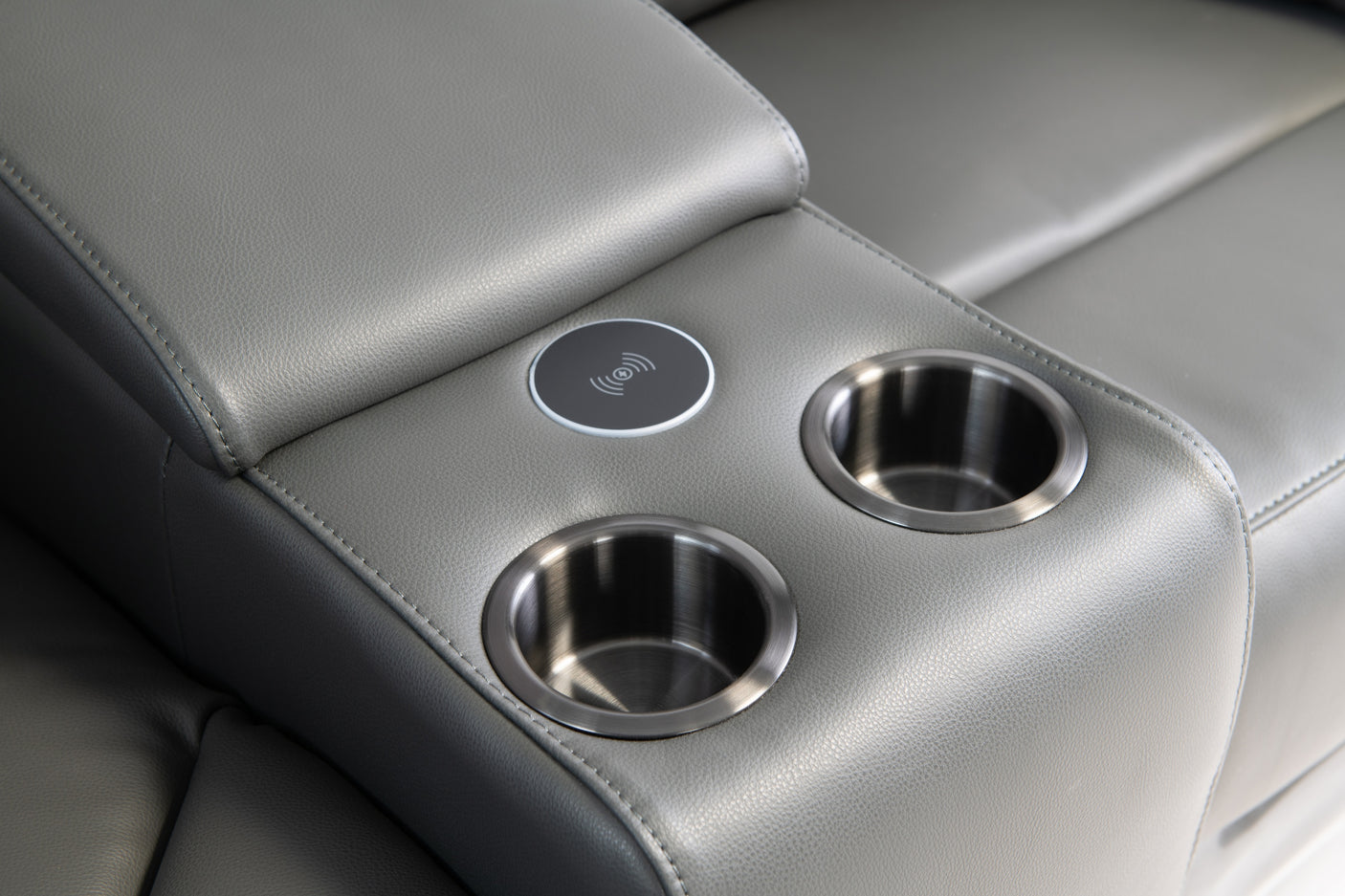 Charcoal Leather Console Table with Cup Holders & Hands-Free Charging