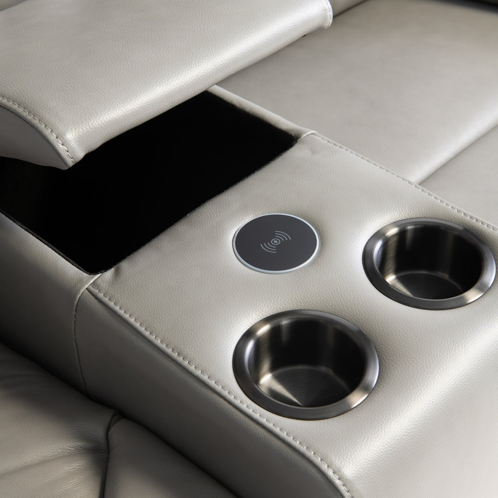 Stylish Grey Leather Console with Cup Holders & Hands-Free Charging