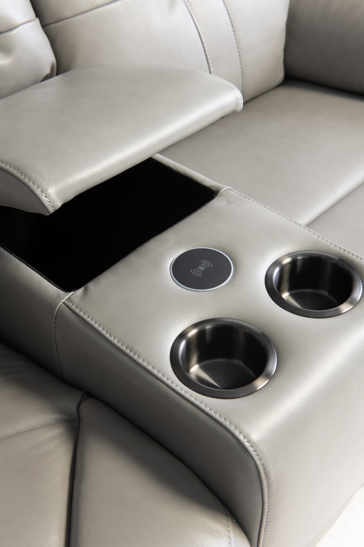 Stylish Grey Leather Console with Cup Holders & Hands-Free Charging