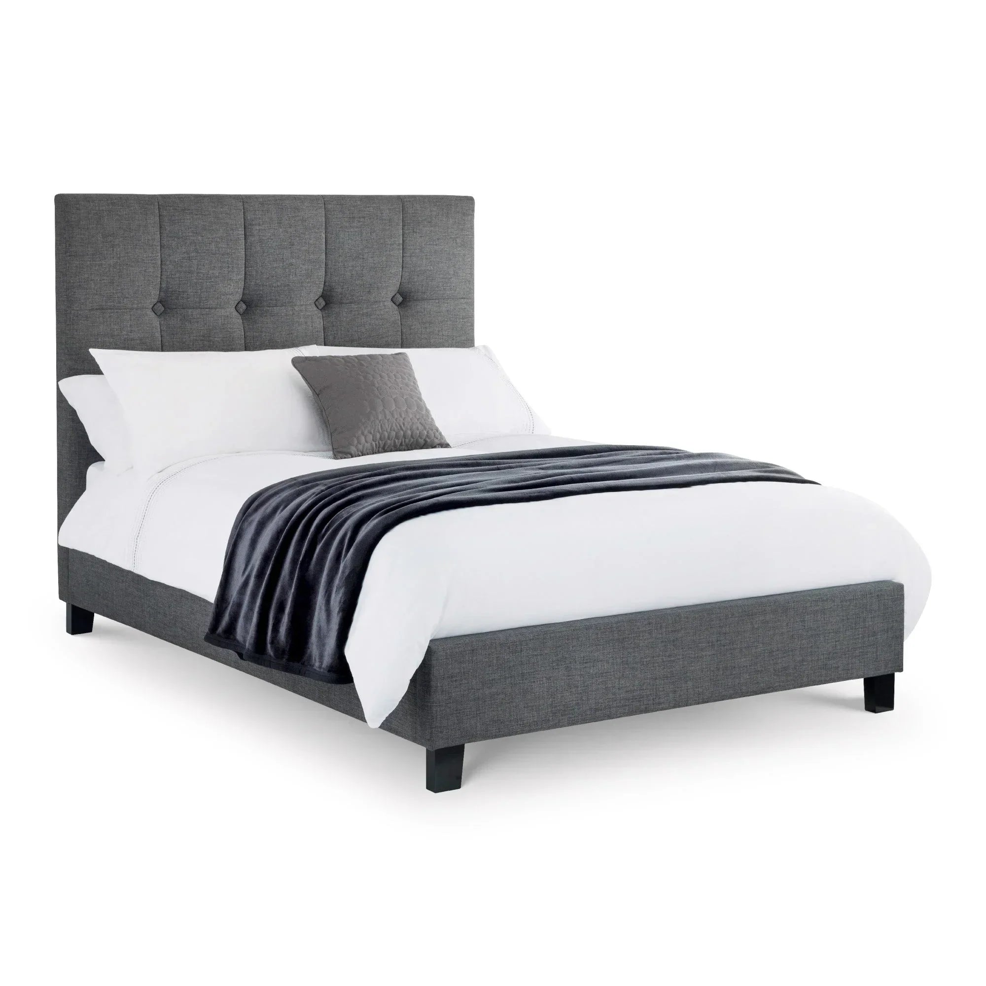 Sorrento linen king bed in slate with tufted headboard and white bedding, angled view