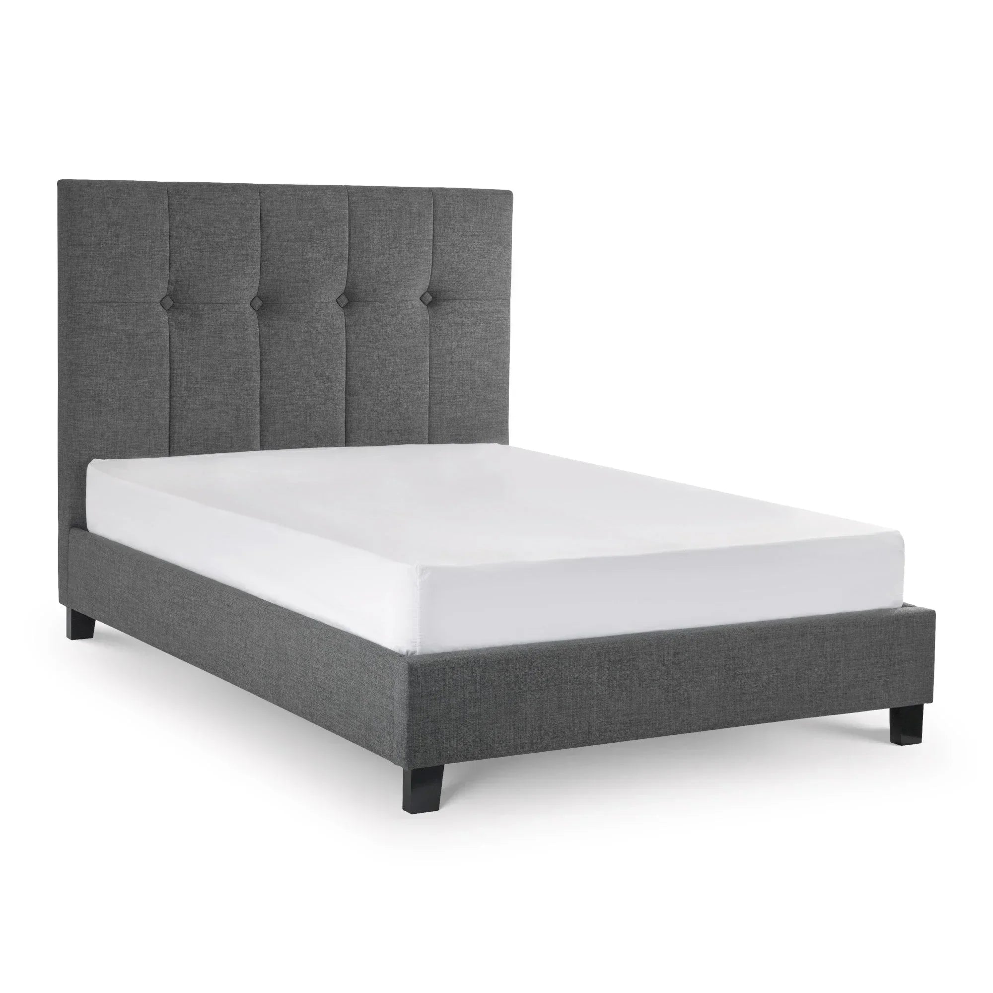Sorrento linen king bed in slate with tufted headboard and low footboard on white background